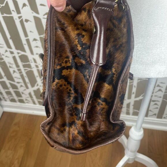 Italian Leather Hair On Hide Cow Print Satchel Chocolate Brown - Picture 10 of 13